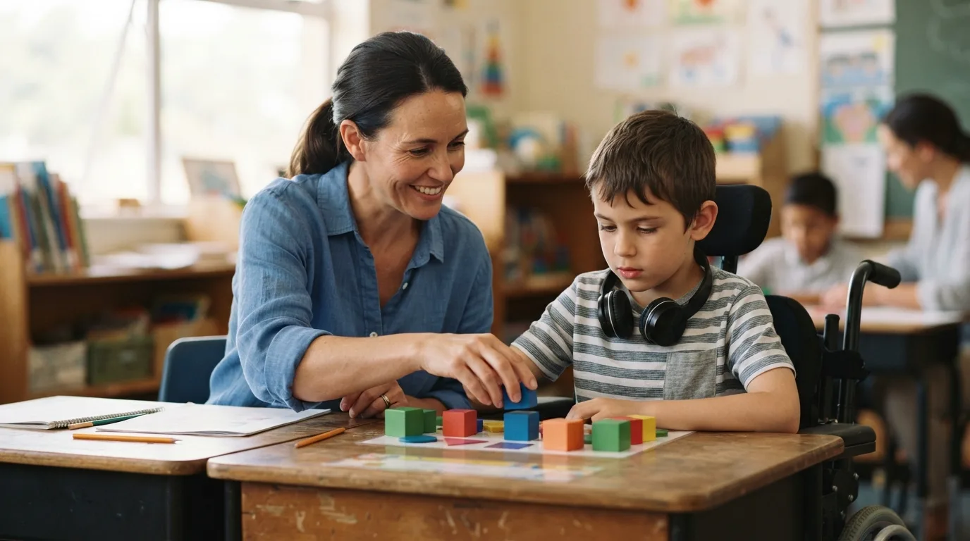 a teacher and a child with special needs working together at a desk