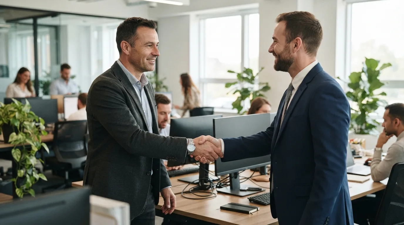 a person shaking hands with a colleague in an office