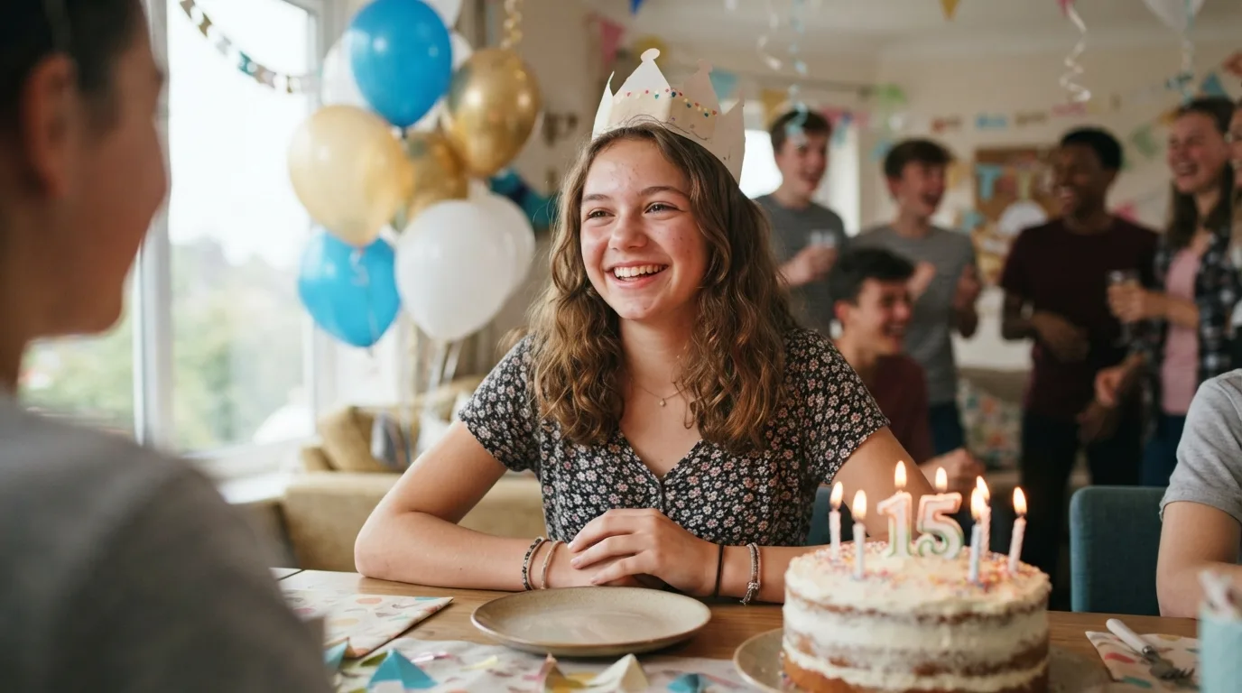 a teenager smiling at a birthday party with a cake and balloons