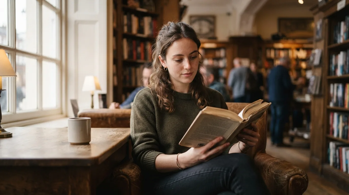 a person reading a book in a cozy library