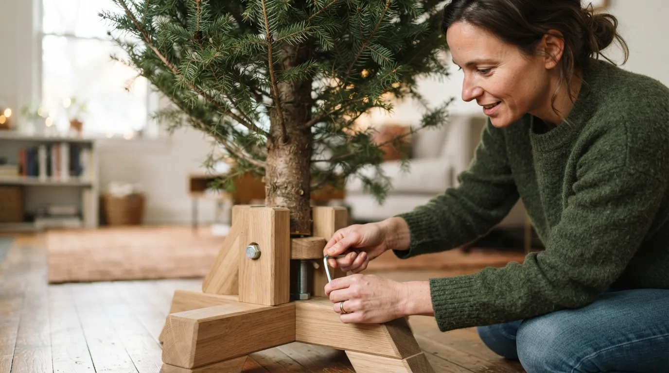 a person assembling a wooden Christmas tree stand