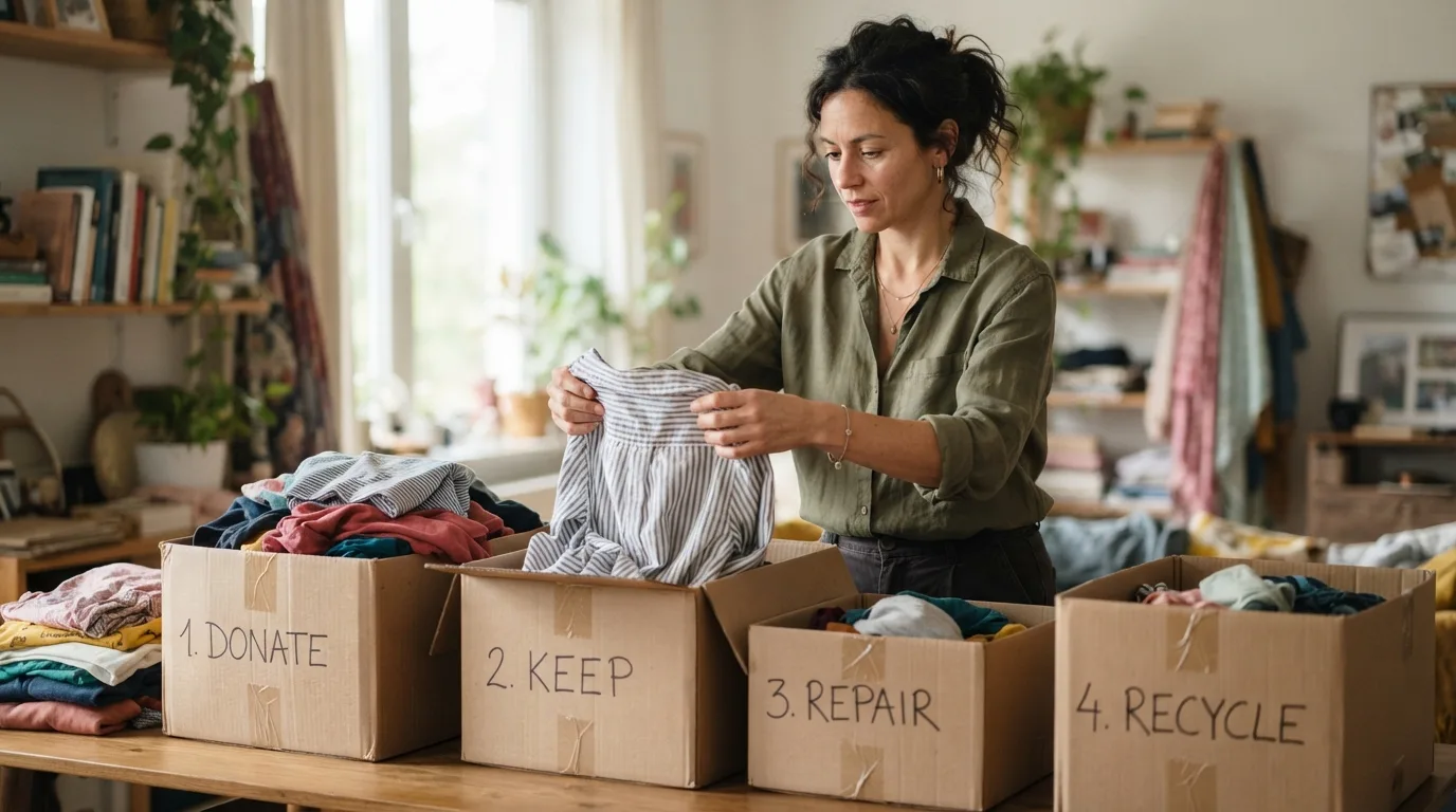 a woman sorting clothes into four cardboard boxes