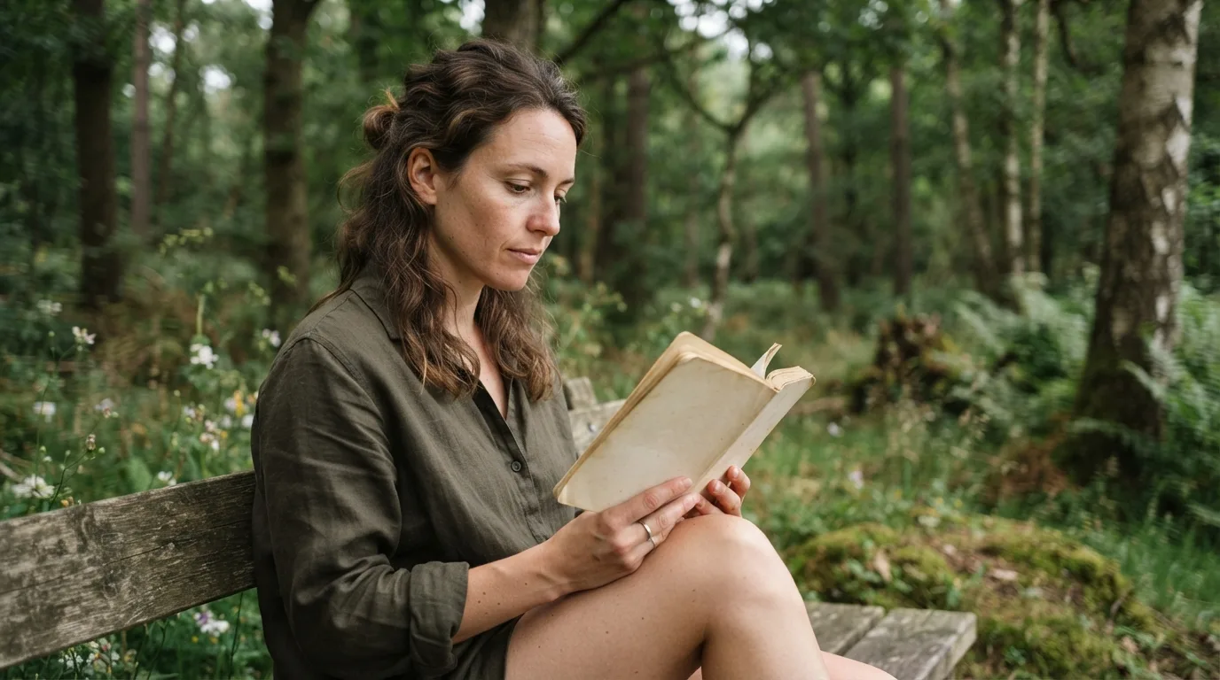 a person reading a book or journal in a peaceful nature setting