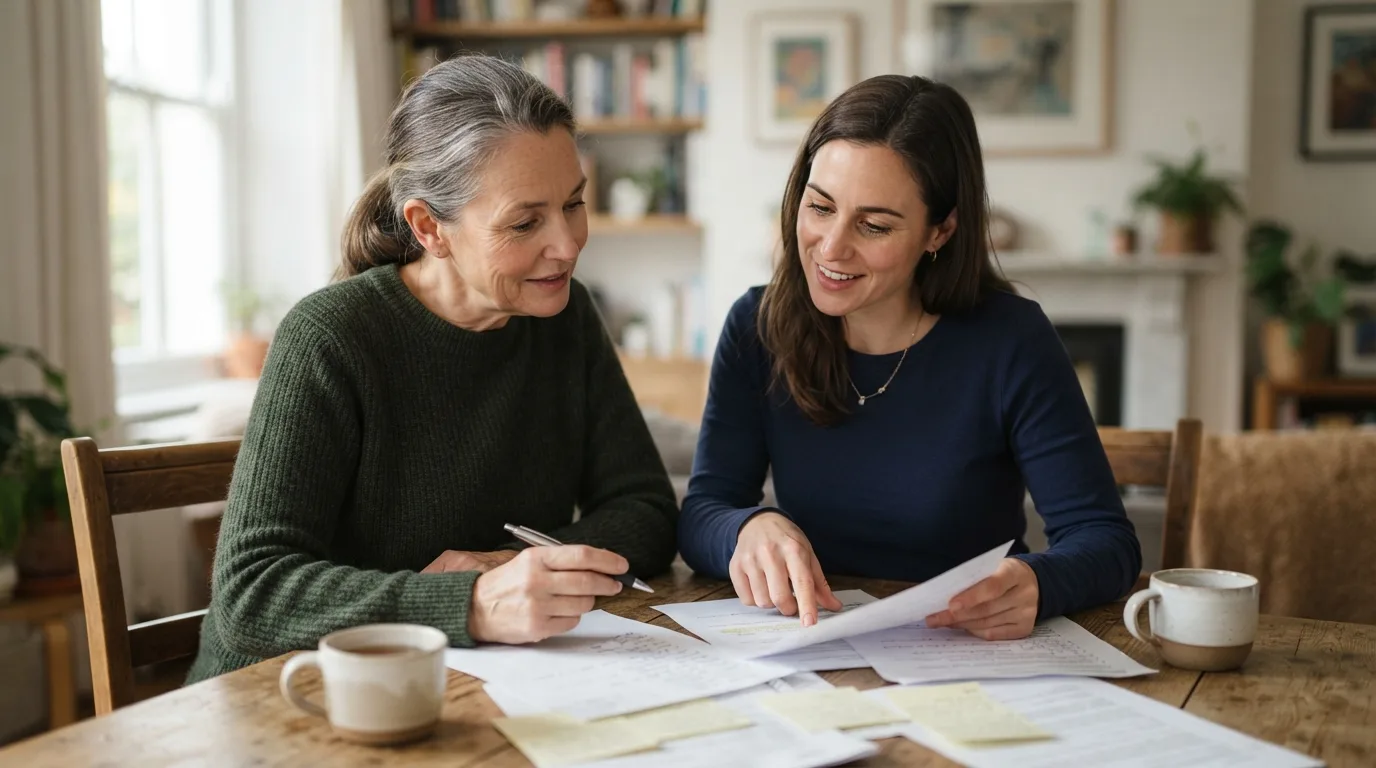 a parent and adult child sitting together at a table with papers