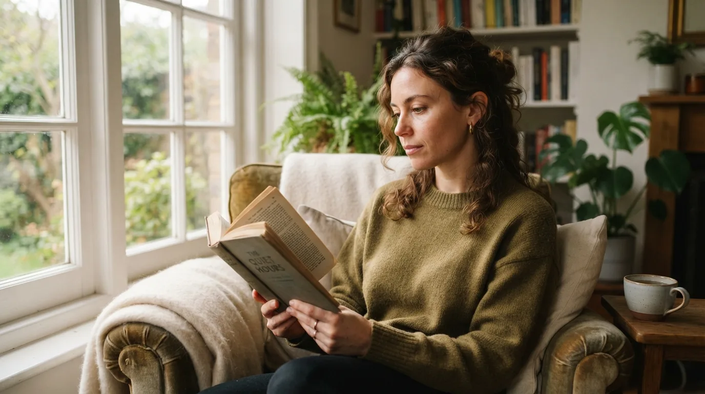 a person reading a book in a cozy setting