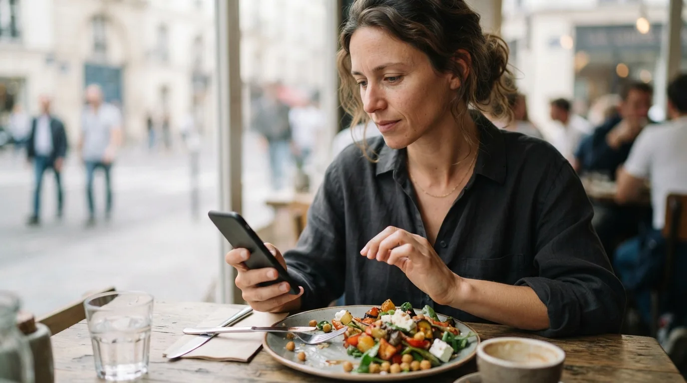 a person using a smartphone or calculator next to a plate of food