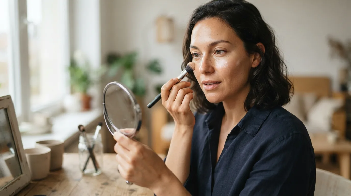 a woman applying highlighter to her cheekbones