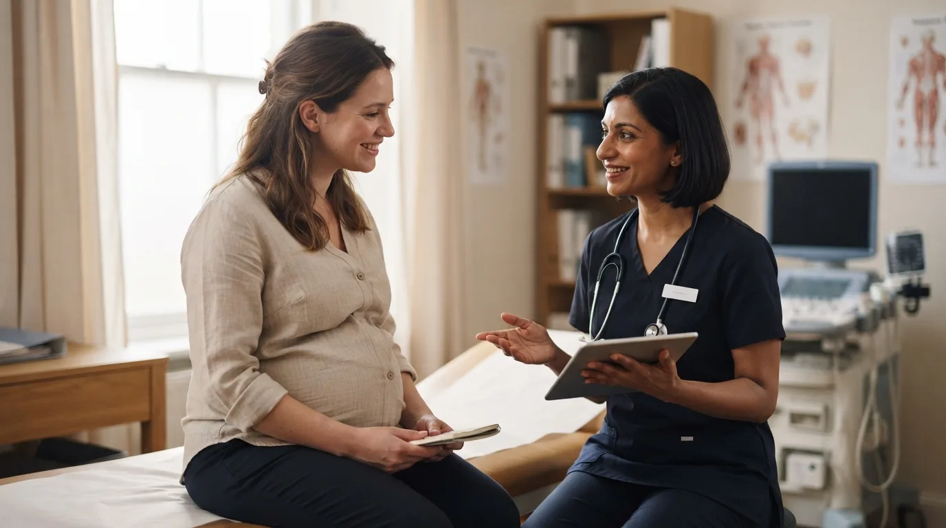 a pregnant woman with a doctor in a medical office