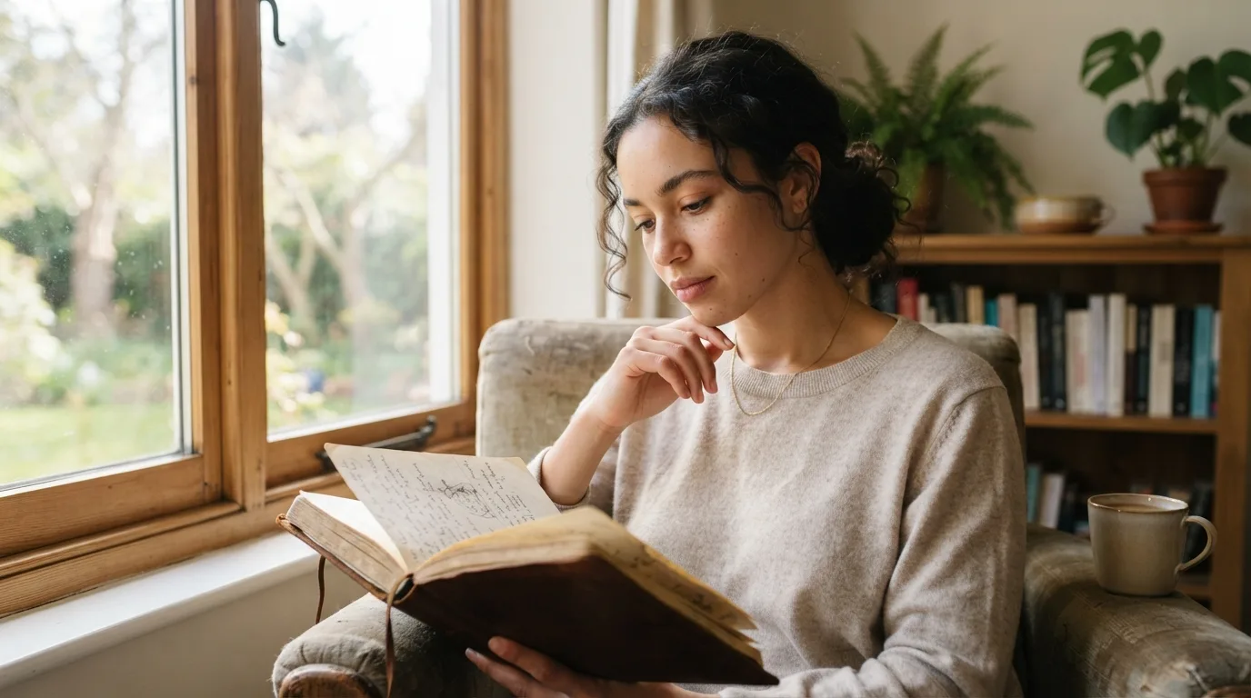 a person reading a book or journal in a calm, sunlit room