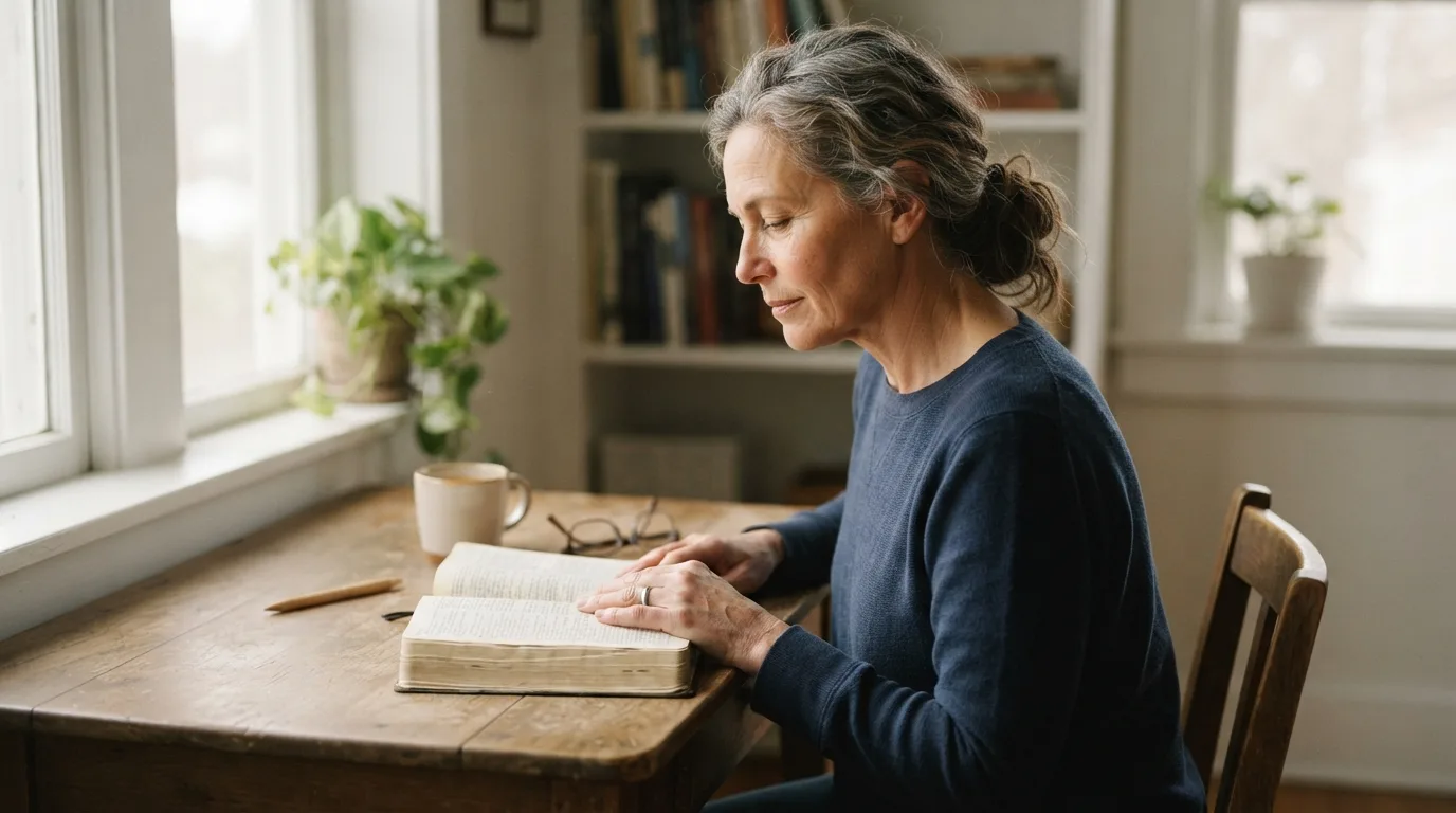 a person reading a Bible at a desk