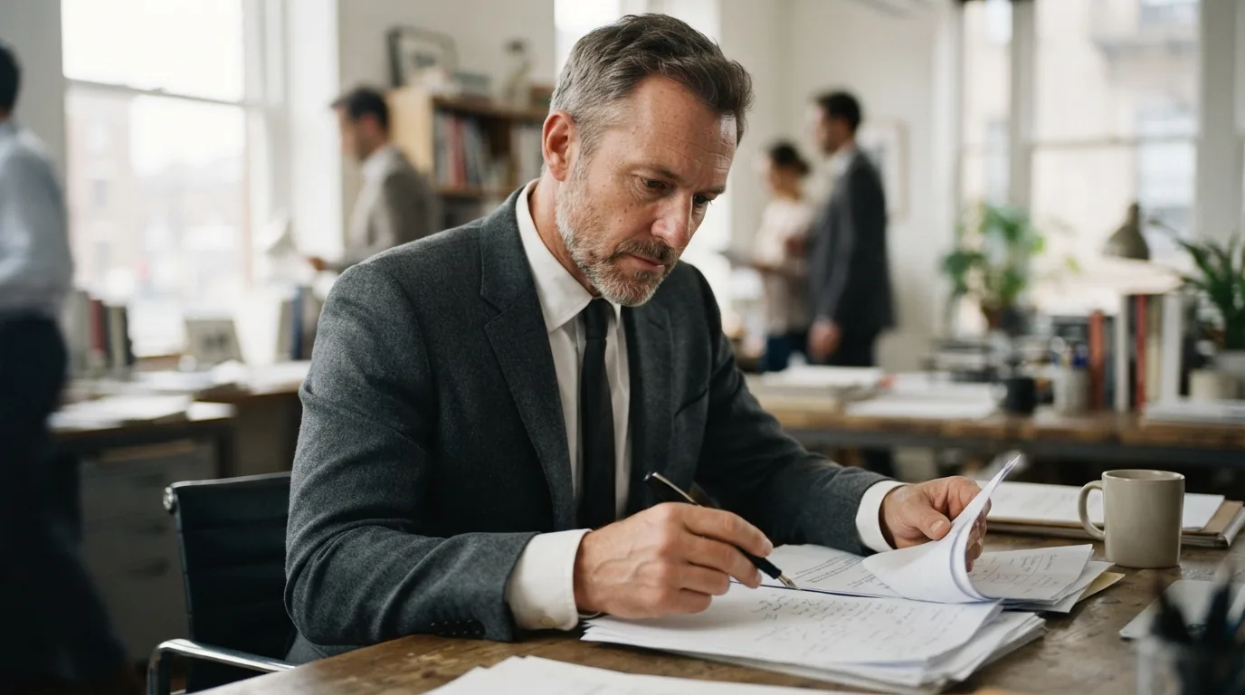a man in a suit reviewing documents in an office