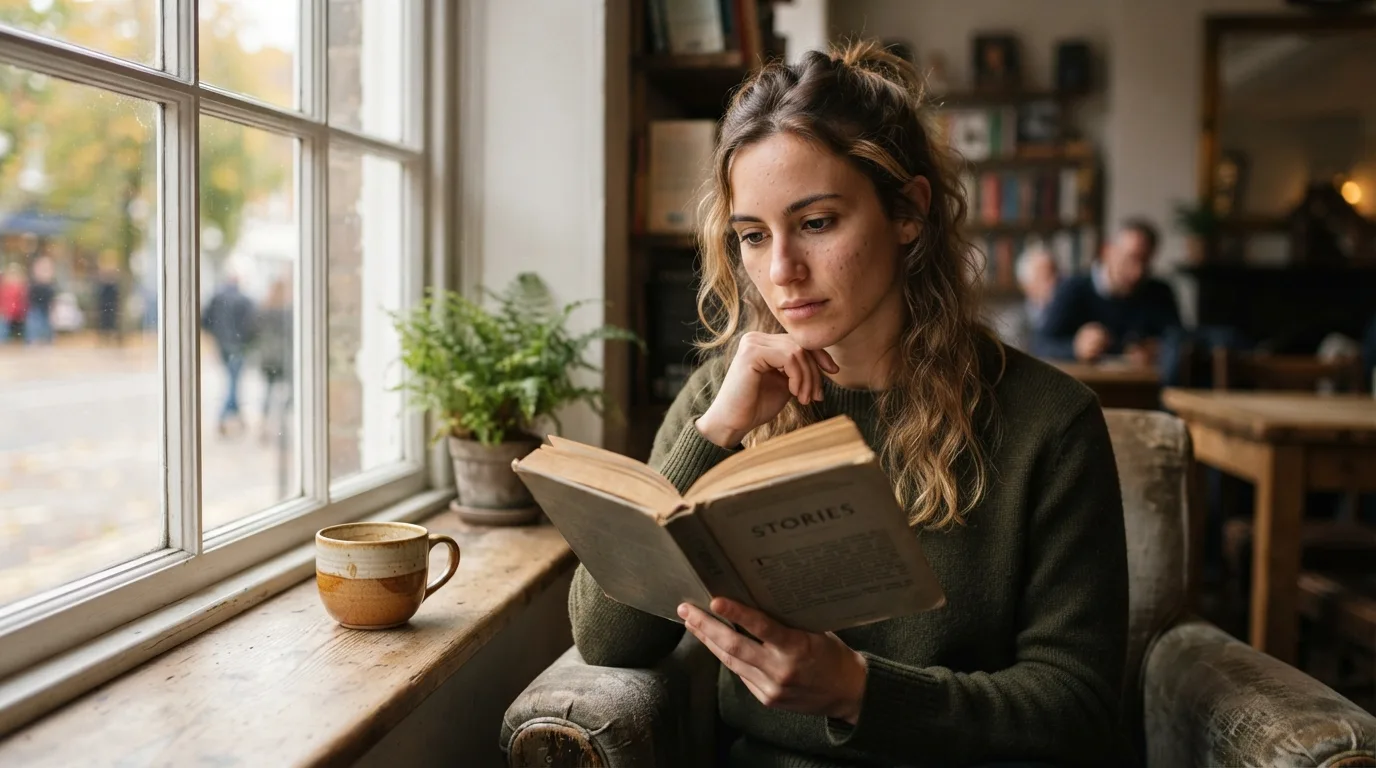 a person reading a book with a cup of coffee by a window