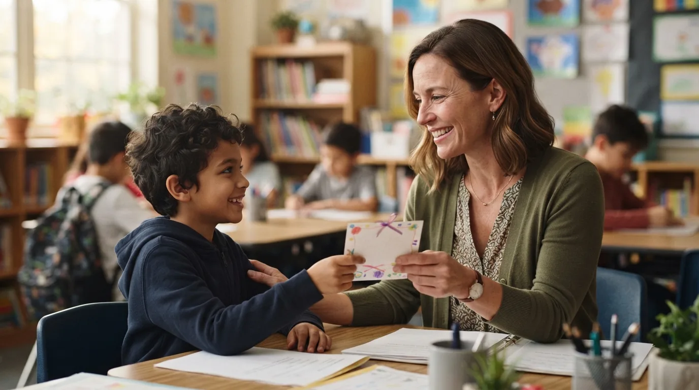 a teacher receiving a thank-you card from a student