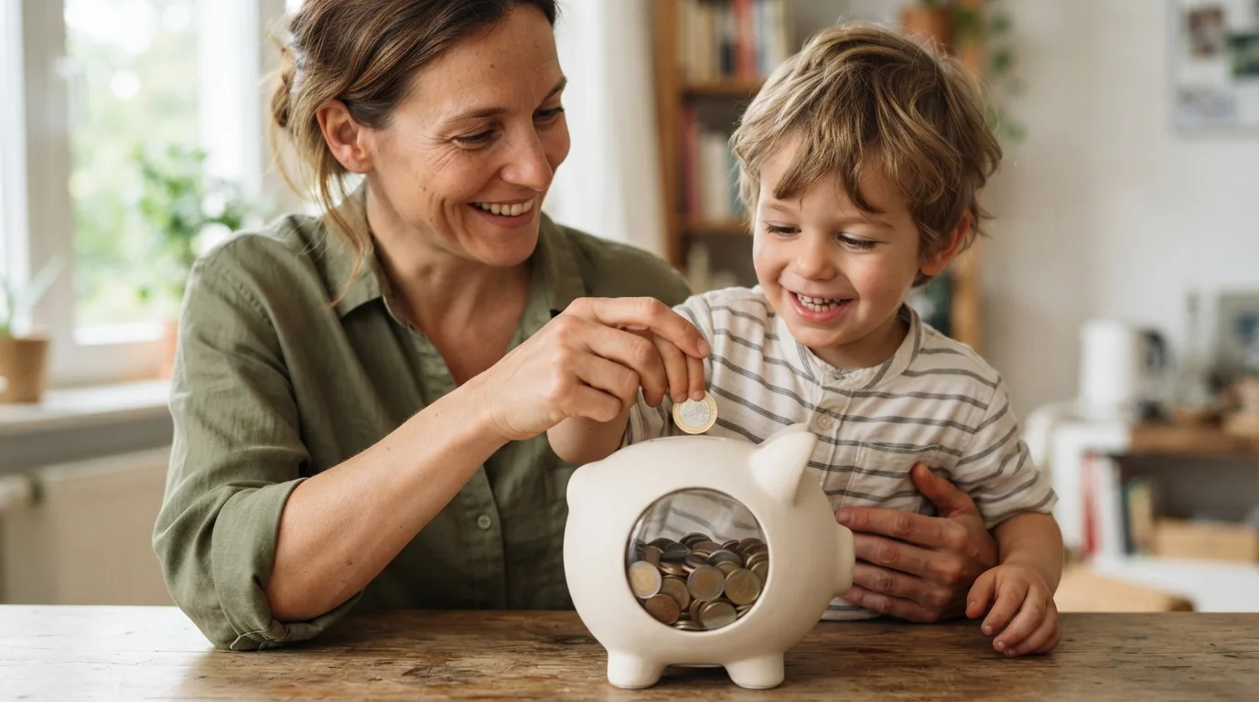 a parent and child putting coins into a piggy bank