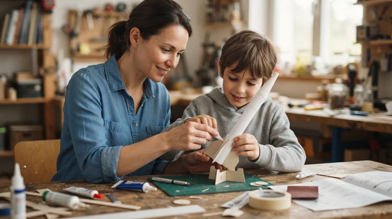 a child and parent building a rocket model together
