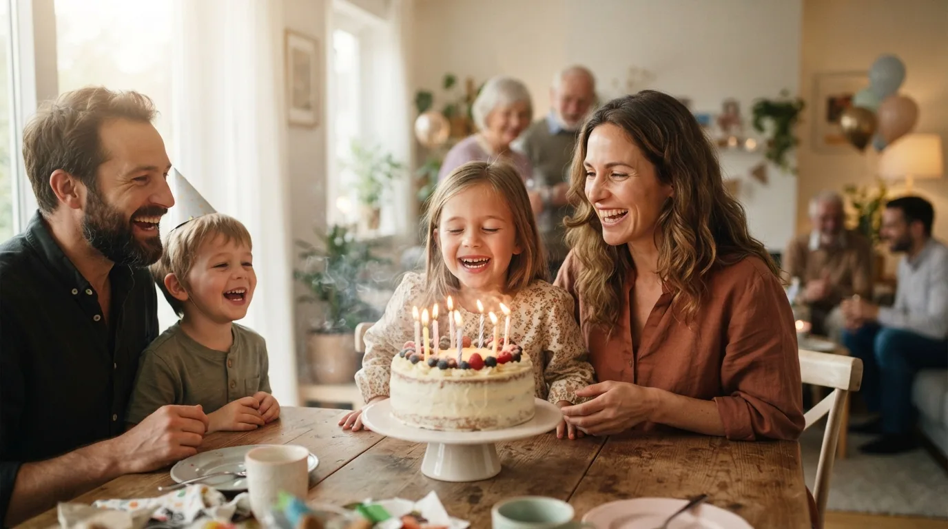 a family celebrating a birthday with a cake and candles