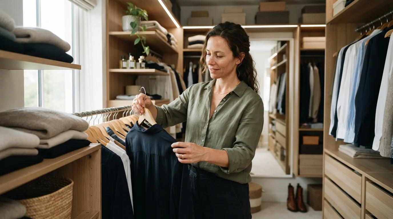 a woman arranging clothes in a tidy walk-in closet