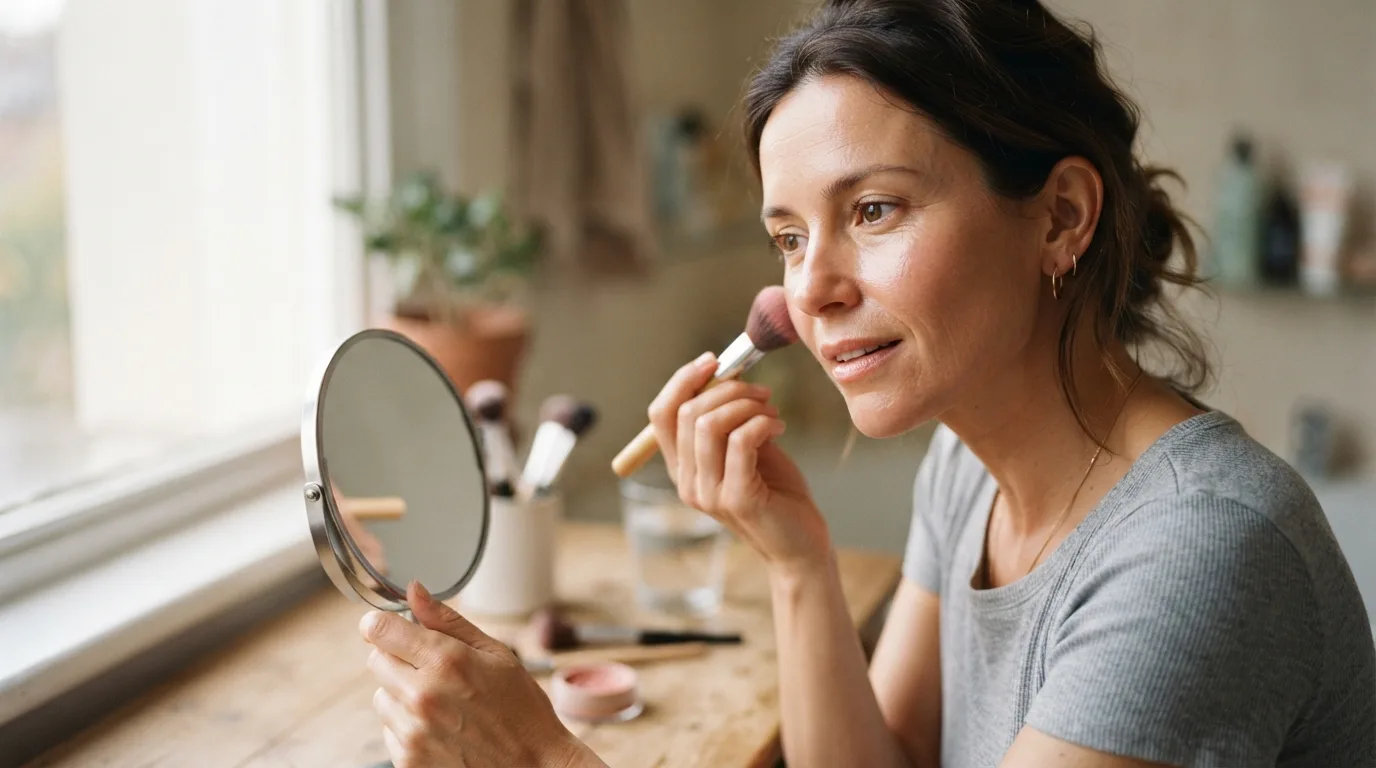 a woman applying blush to her cheeks