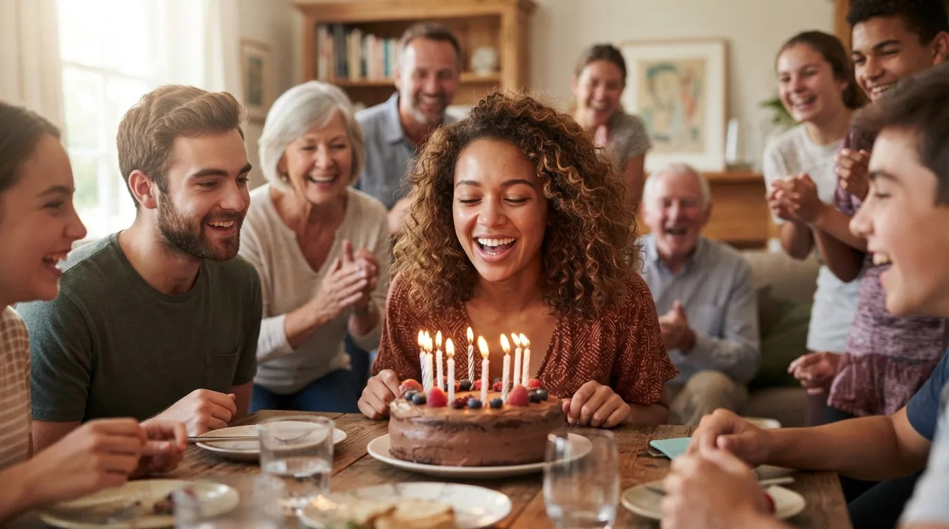 a young adult blowing out candles on a birthday cake surrounded by friends and family