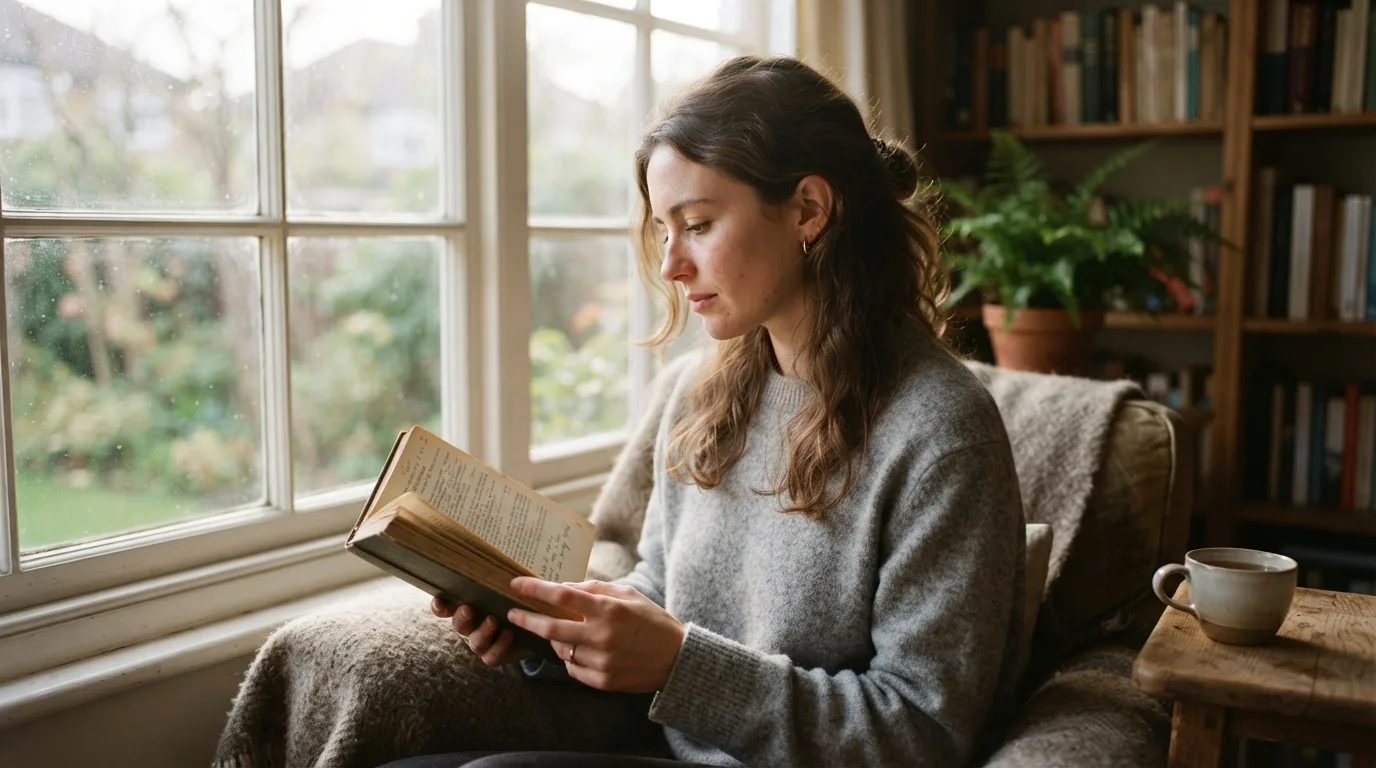 a person reading a book or writing in a journal by a window with soft morning light