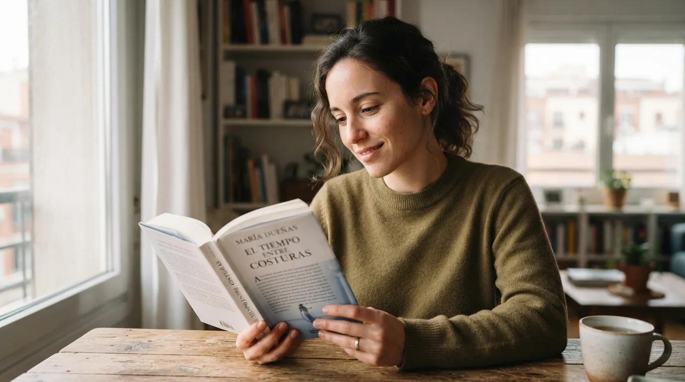 a person reading a book with Spanish text