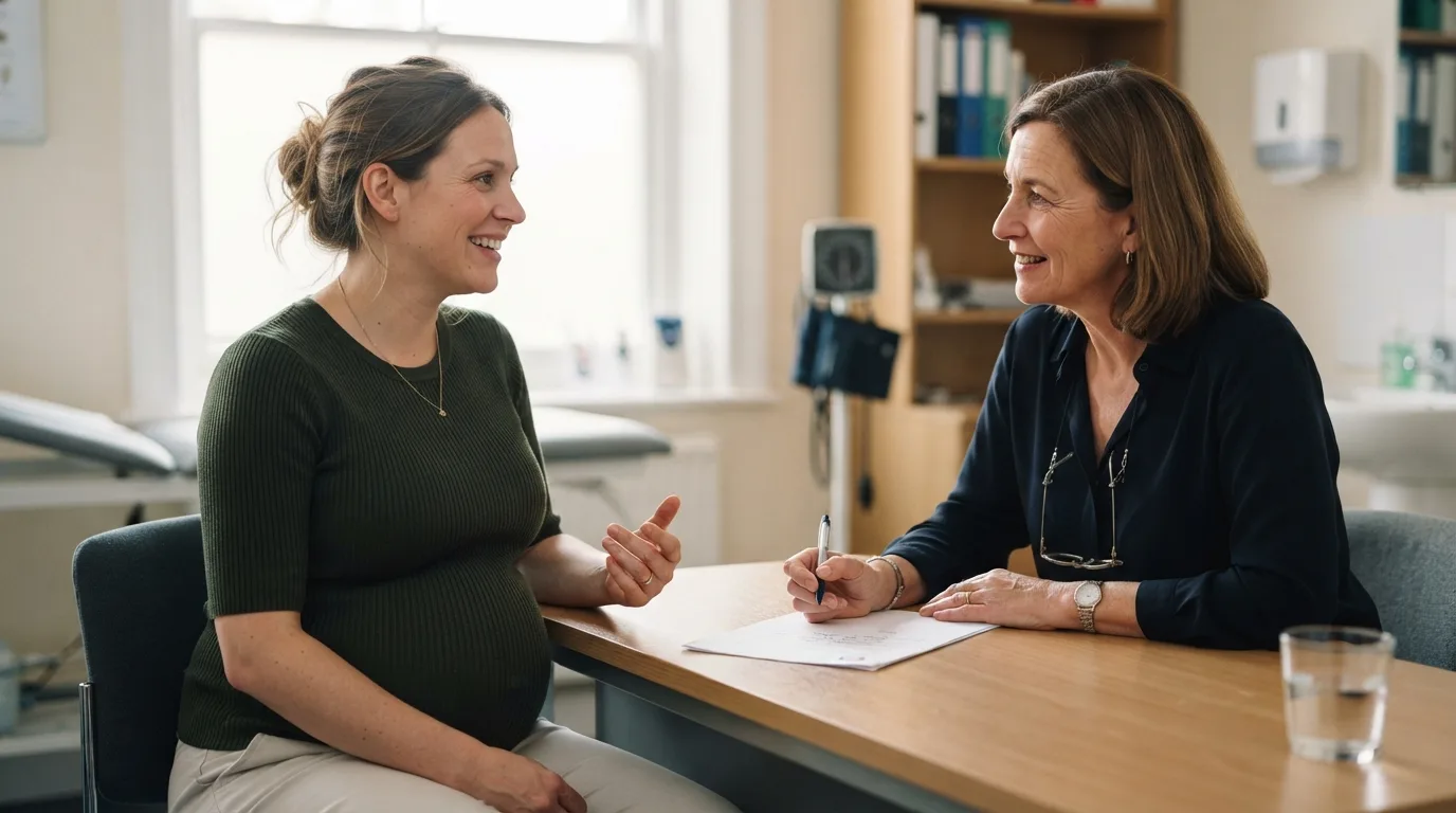 a pregnant woman talking to a doctor