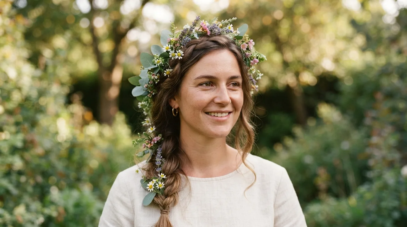 a woman with fresh flowers woven into her hair