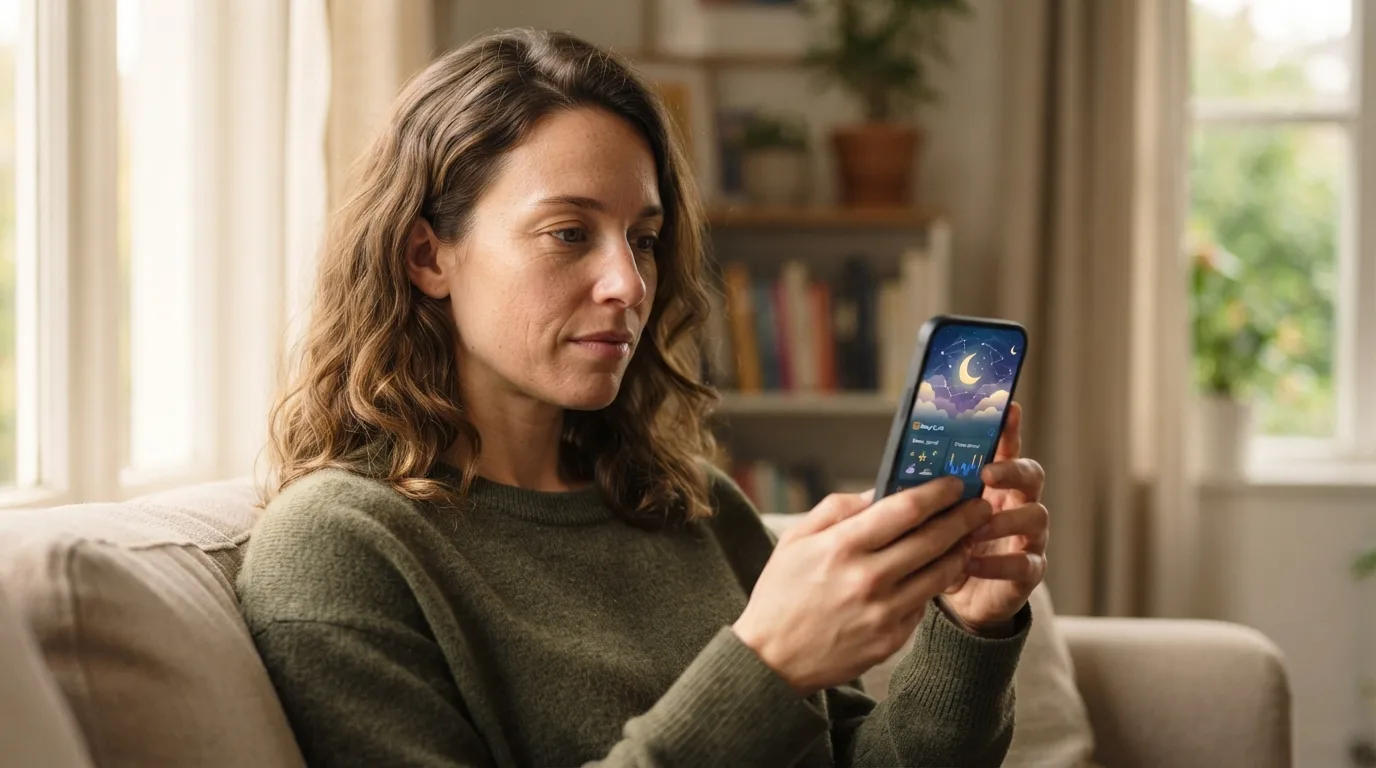 a person looking at a smartphone with dream-related imagery on the screen