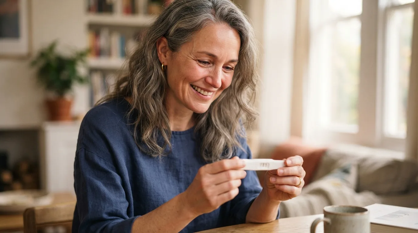a woman over 40 holding a positive pregnancy test