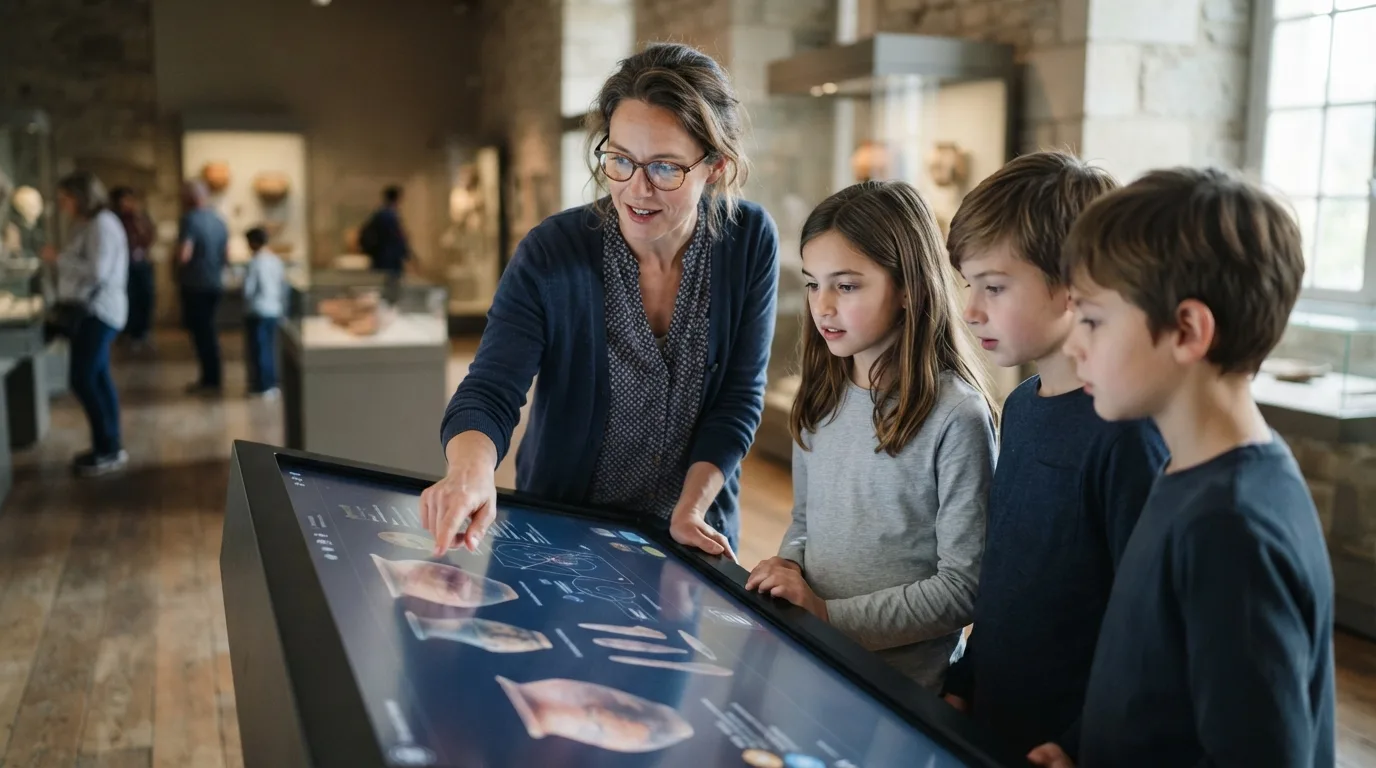a teacher and students looking at a digital screen showing museum exhibits