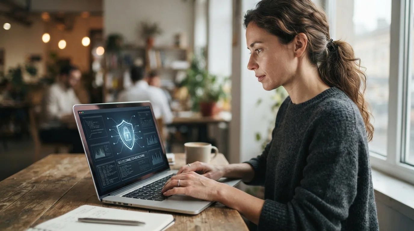 a person typing on a laptop with a network security icon on screen