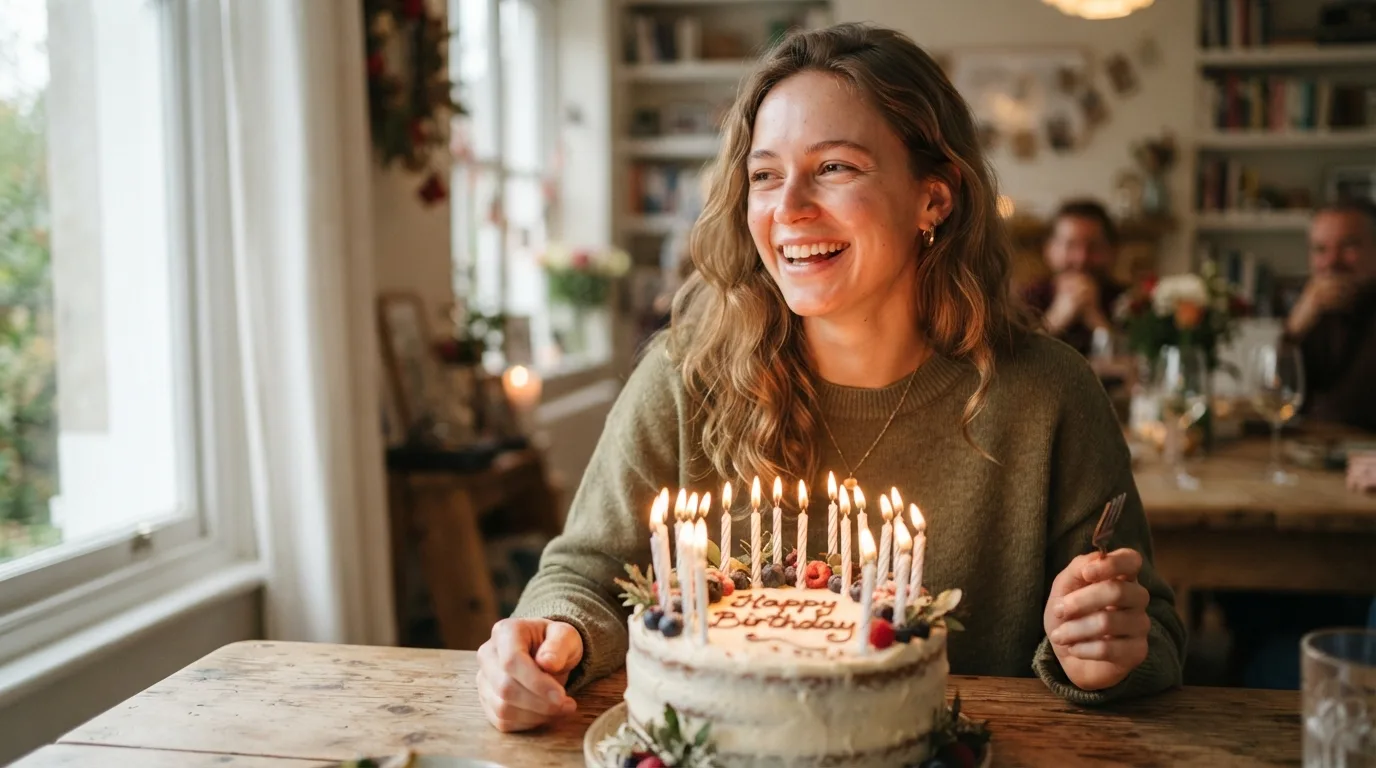 a young woman or man smiling next to a birthday cake with candles