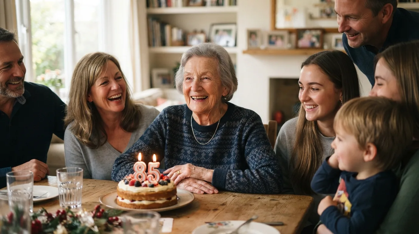 an elderly person smiling with a birthday cake and family around