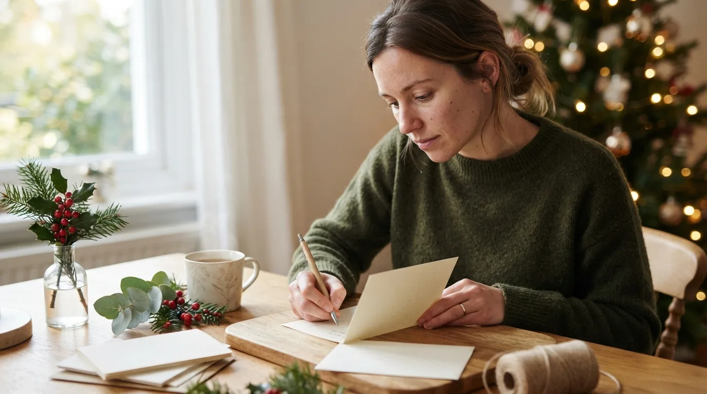a person writing a Christmas card at a desk with festive decorations