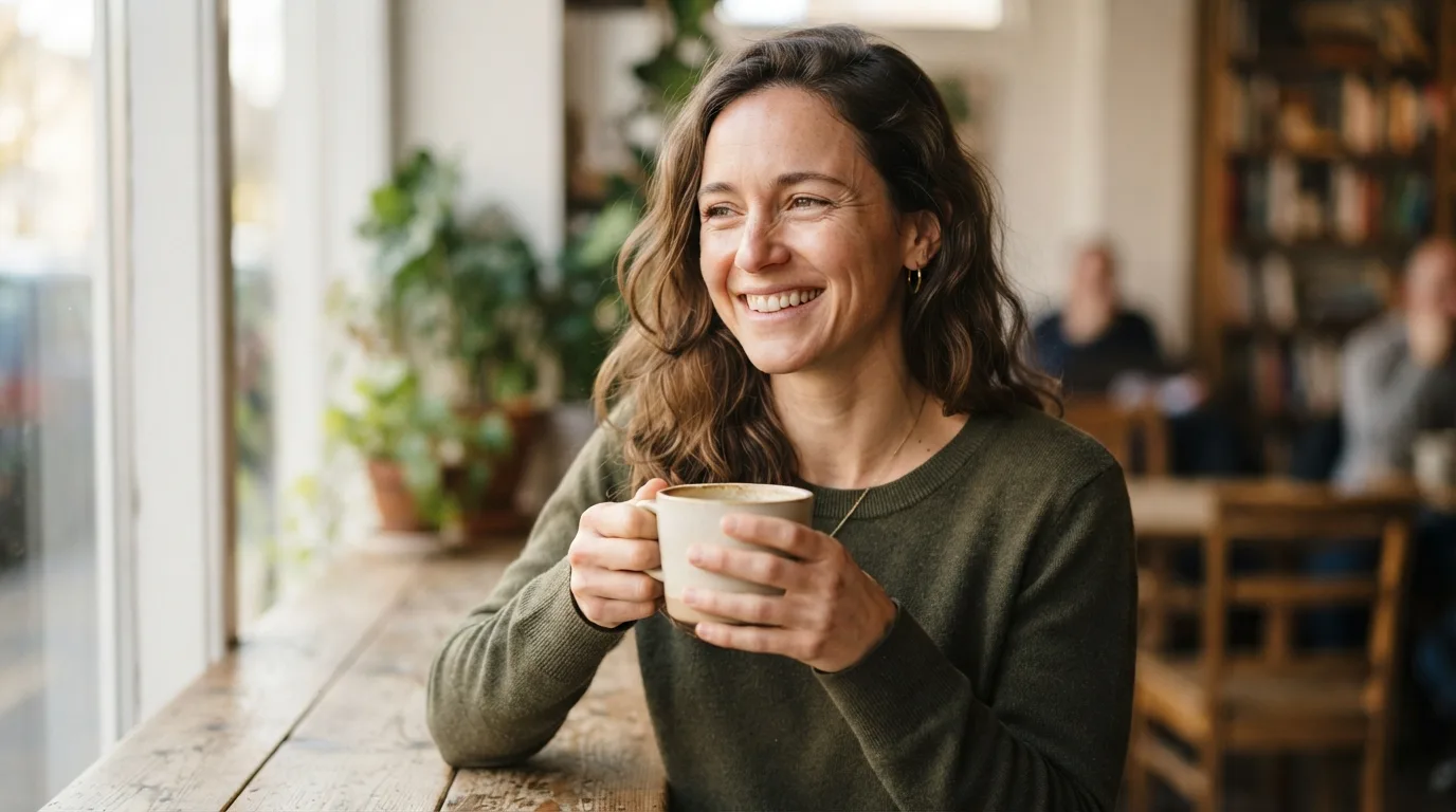 a person smiling with a cup of coffee in the morning