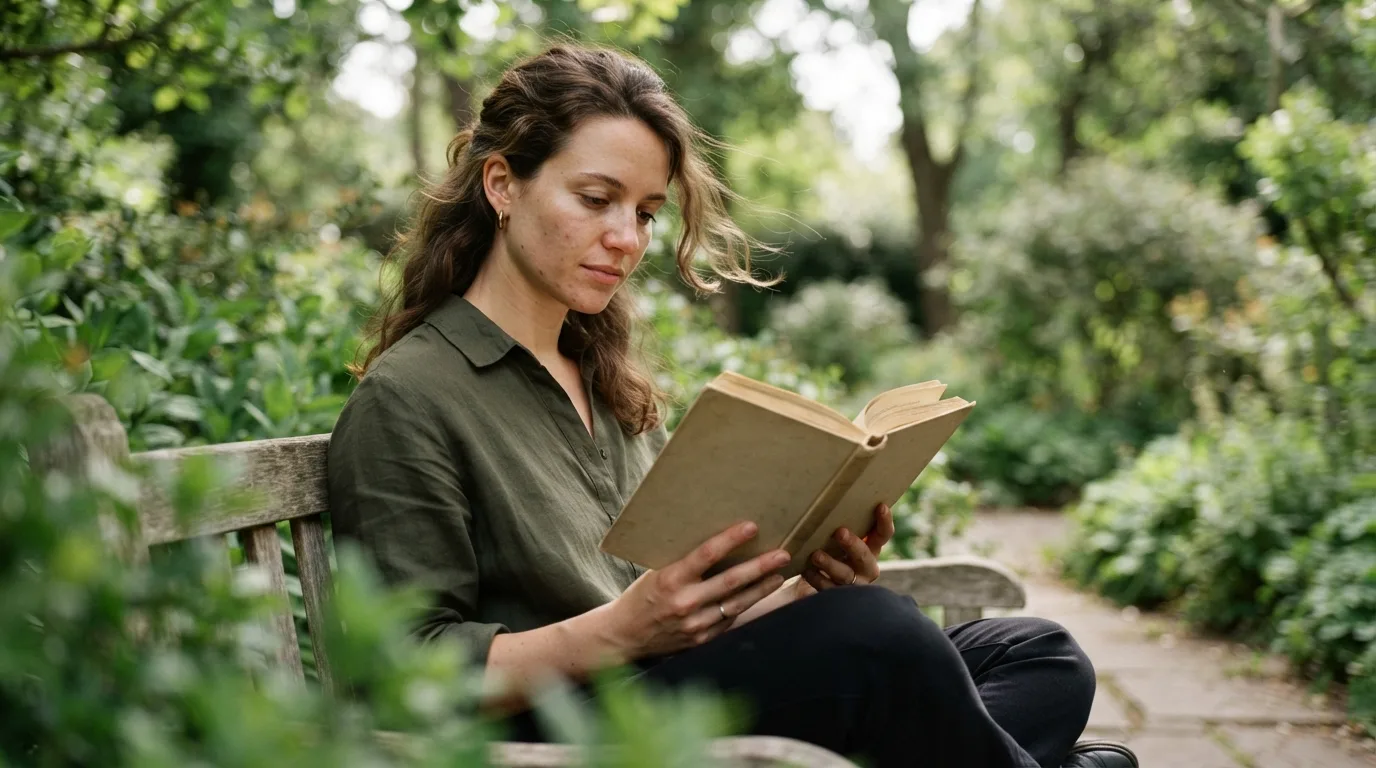 a person reading a book in a peaceful outdoor setting