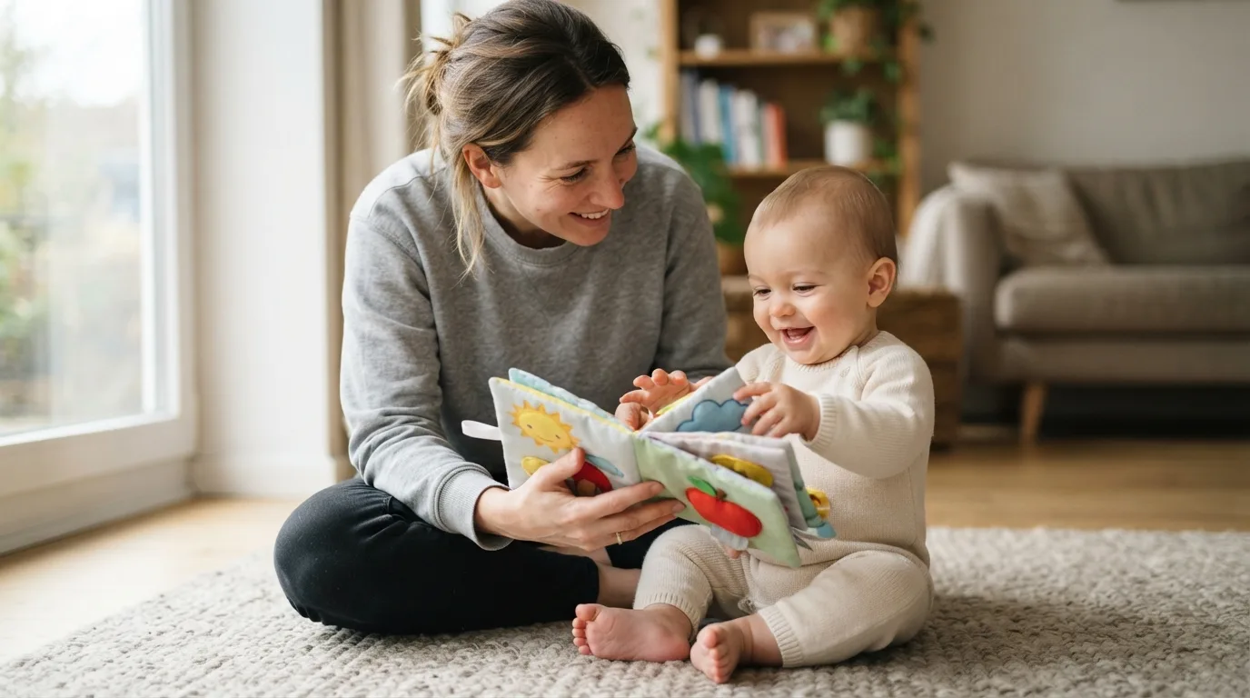 a parent and baby playing with a fabric book