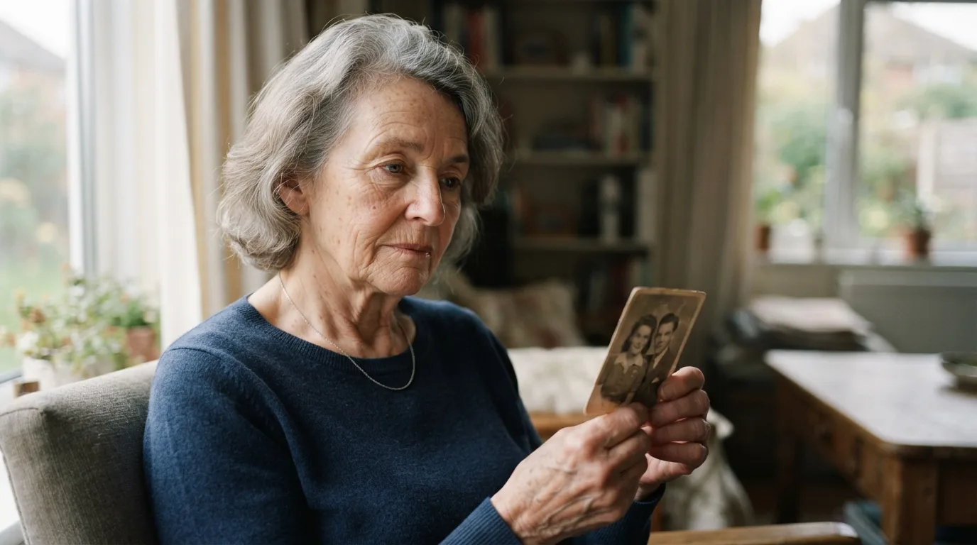 a person looking thoughtfully at an old photograph