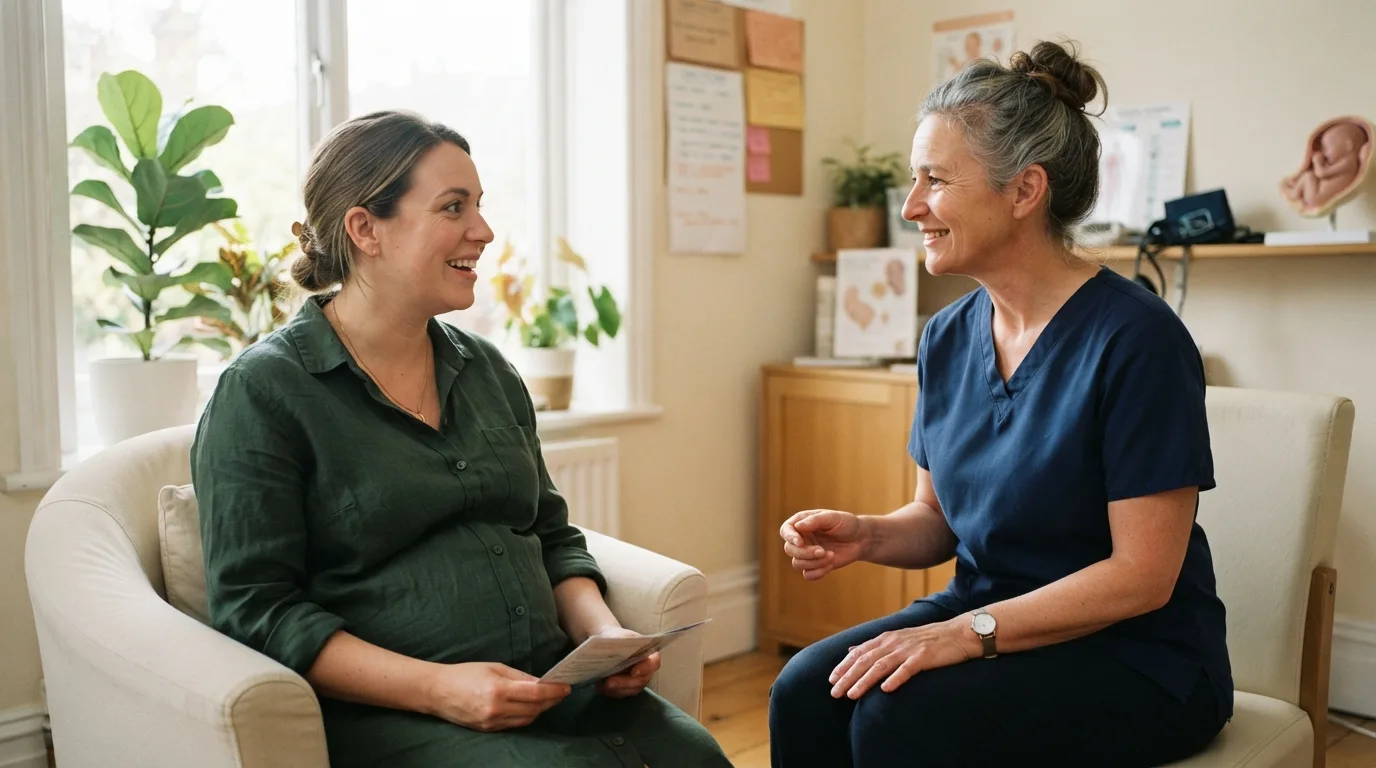 a pregnant woman talking to a midwife in a bright room