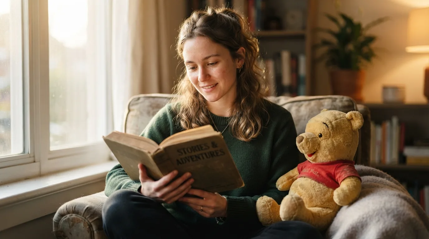 a person reading a book with a Winnie the Pooh plush toy