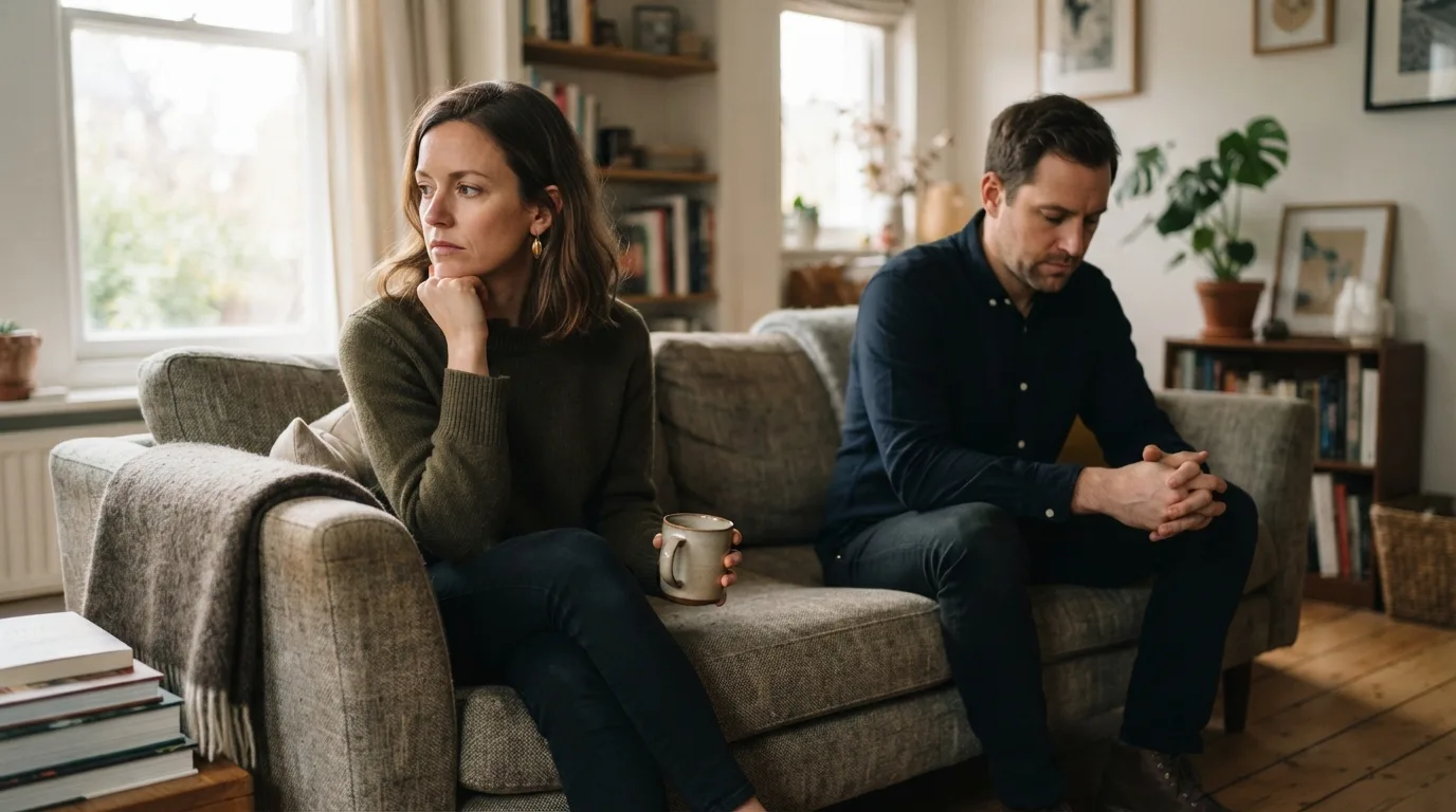 a couple sitting apart on a sofa, looking thoughtful