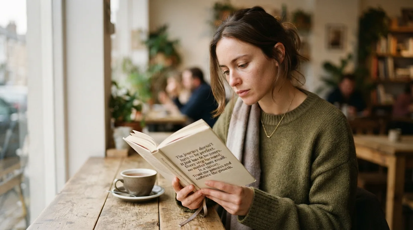 a person reading a book with inspirational text