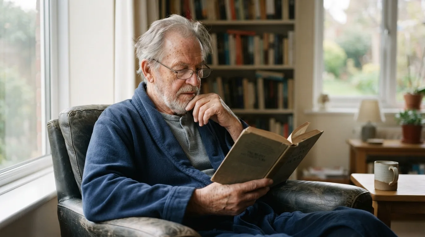 an elderly man in a robe reading a book