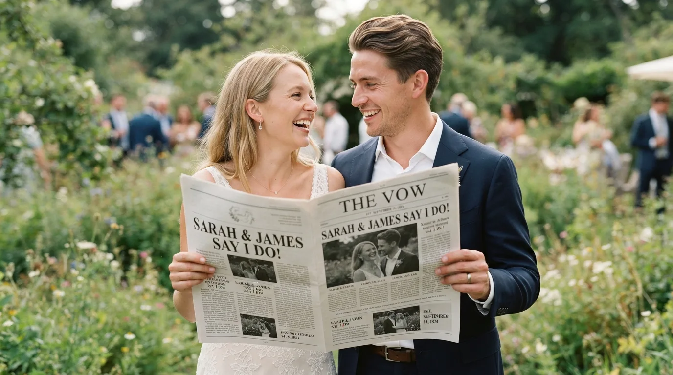 a couple holding a custom wedding newspaper