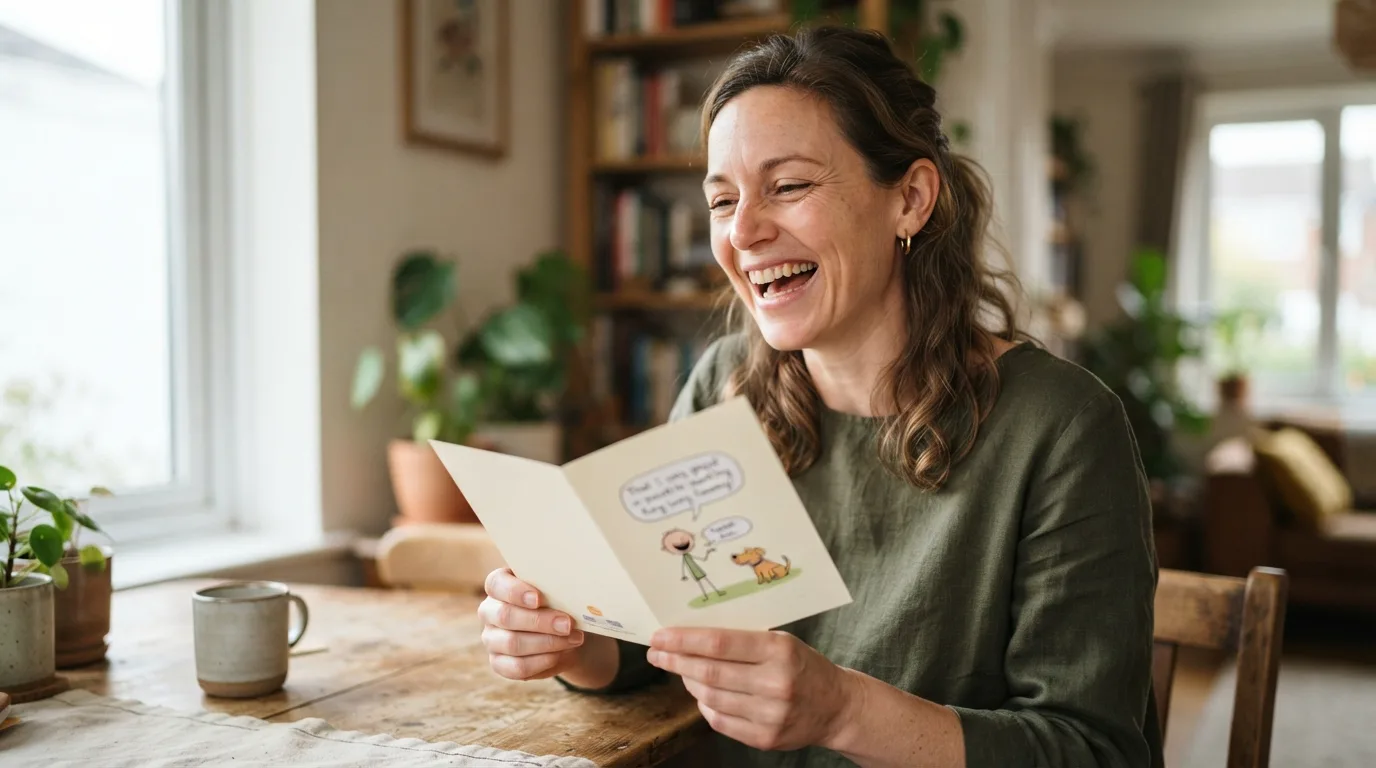 a laughing mother opening a humorous card