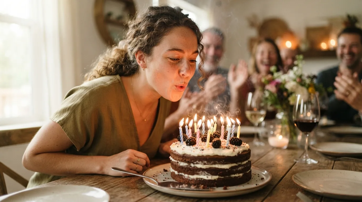 a person blowing out candles on a birthday cake