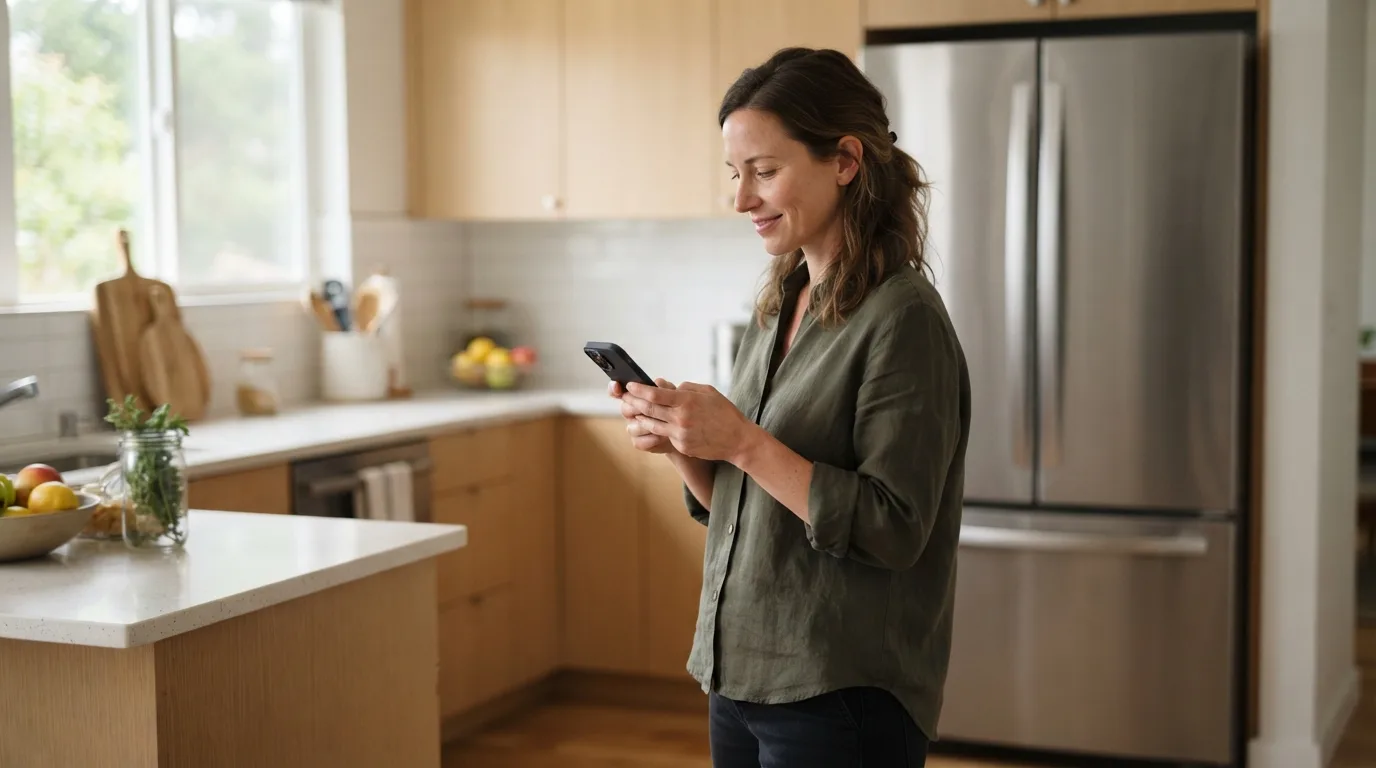 a person using a smartphone next to a modern refrigerator in a bright kitchen