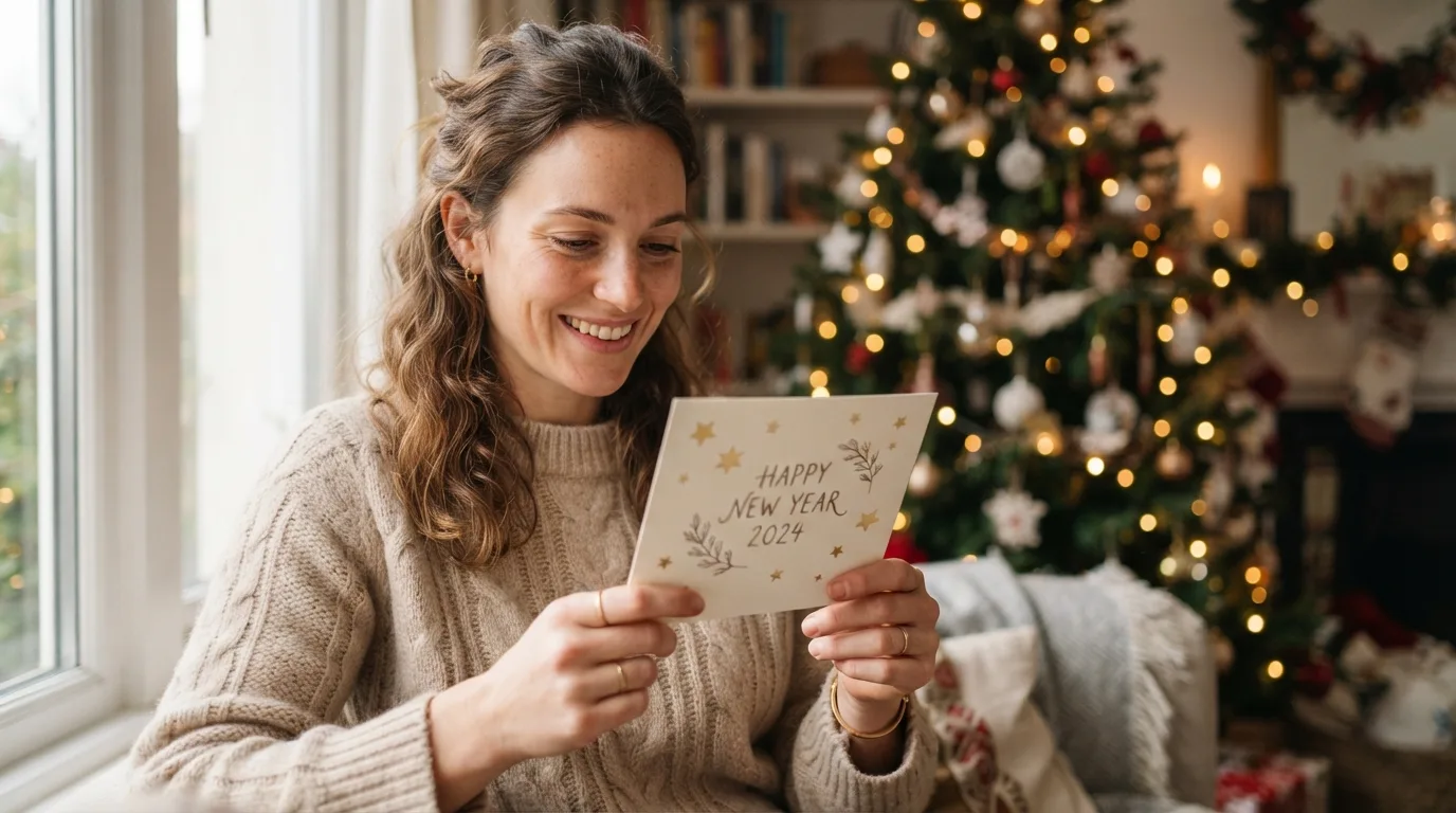 a person holding a decorative New Year card with festive lights in the background