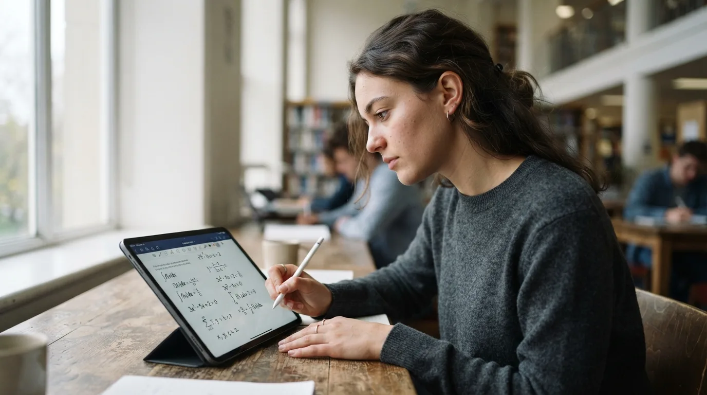 a student using a tablet with math problems on screen