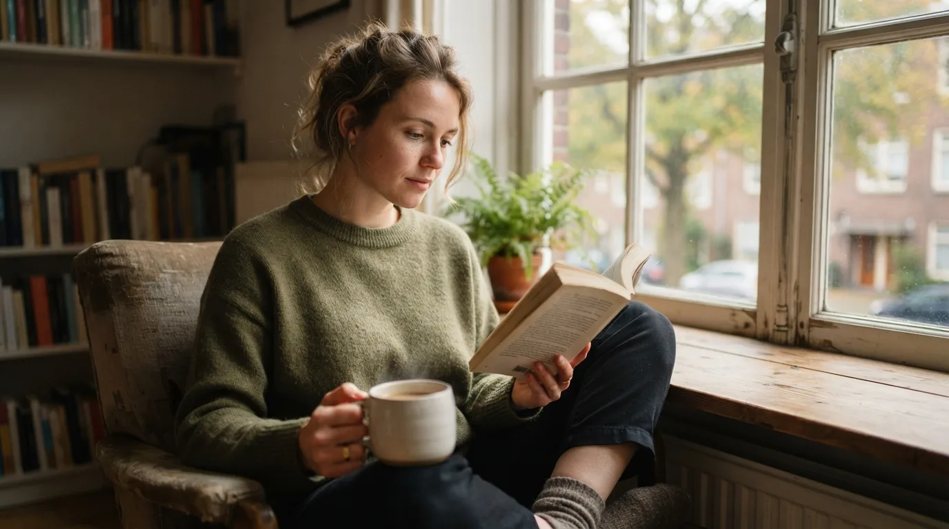 a person sitting by a window reading a book with a cup of coffee
